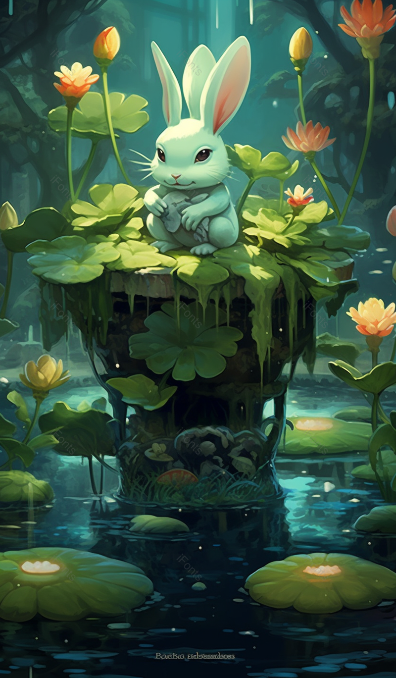 绿色夏天池塘荷叶中玩耍的可爱动物创意插画,插画/手绘图,插画/手绘图库,插画/手绘图下载,插画/手绘